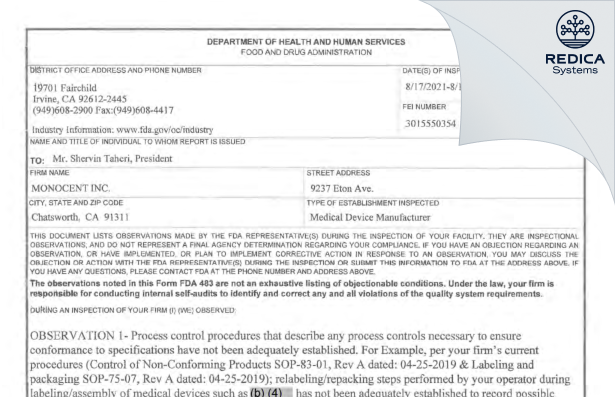 FDA 483 - MONOCENT INC. [Canoga Park / United States of America] - Download PDF - Redica Systems