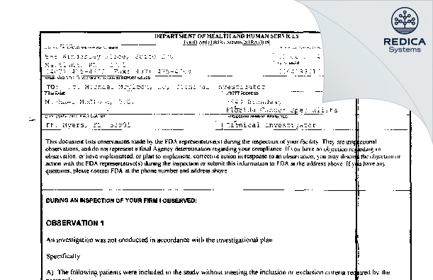 FDA 483 - Michael McCleod, D.O. [Fort Myers / United States of America] - Download PDF - Redica Systems