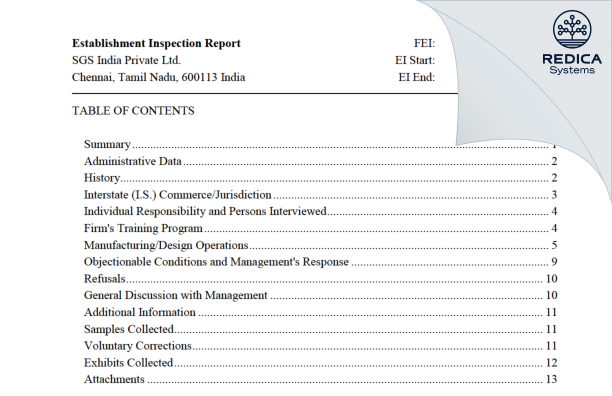 EIR - SGS India Private Limited [India / India] - Download PDF - Redica Systems