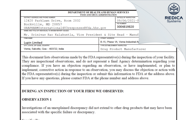 FDA 483 - LUPIN LIMITED [- / India] - Download PDF - Redica Systems