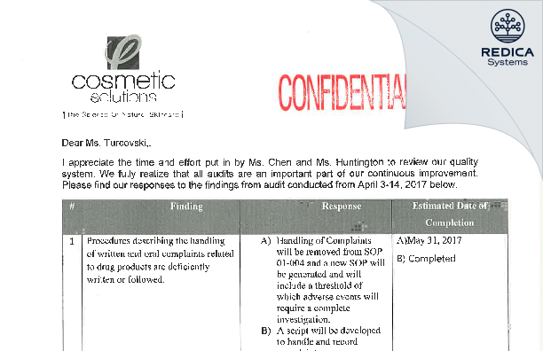 FDA 483 Response - Cosmetic Solutions, LLC [Boca Raton / United States of America] - Download PDF - Redica Systems