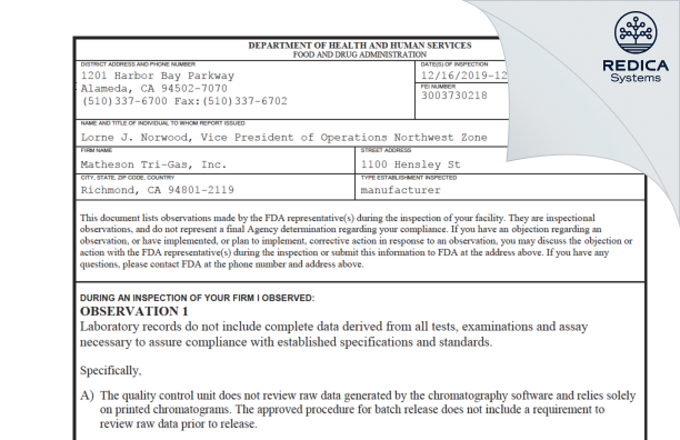FDA 483 - Matheson Tri-Gas, Inc. [Richmond / United States of America] - Download PDF - Redica Systems
