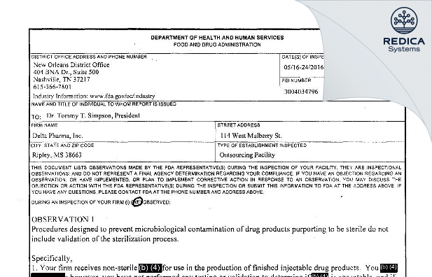 FDA 483 - Delta Pharma, Inc. [Ripley / United States of America] - Download PDF - Redica Systems