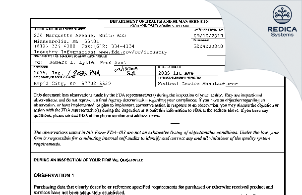 FDA 483 - 2035 PMA [Rapid City / United States of America] - Download PDF - Redica Systems