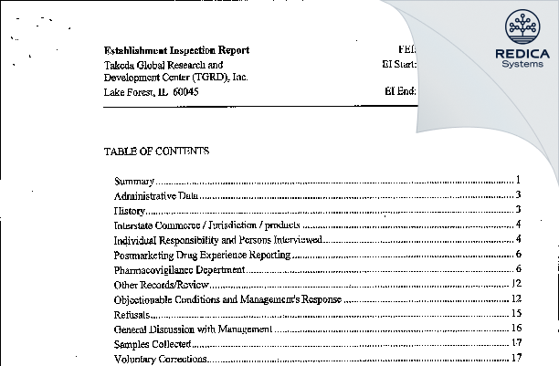 EIR - Takeda Global Research & Development [Lake Forest / United States of America] - Download PDF - Redica Systems
