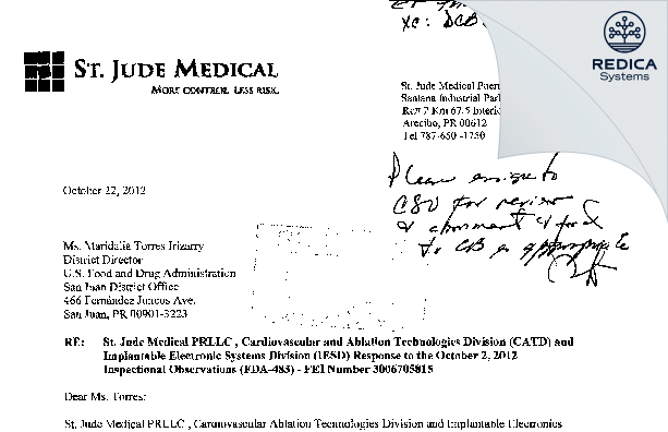 FDA 483 Response - Abbott Medical [Arecibo / United States of America] - Download PDF - Redica Systems