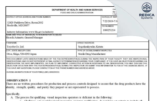 FDA 483 - TOYOBO CO., LTD. [Otsu / Japan] - Download PDF - Redica Systems