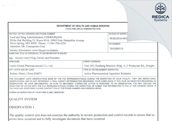 FDA 483 - Lumis Global Pharmaceuticals Co. Ltd. [Wuhan / China] - Download PDF - Redica Systems