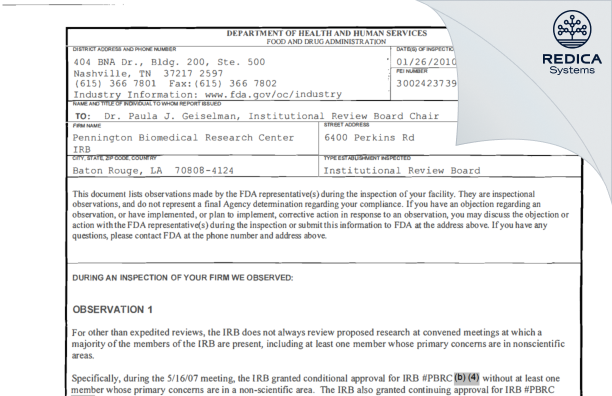 FDA 483 - Pennington Biomedical Research Center IRB [Baton Rouge / United States of America] - Download PDF - Redica Systems