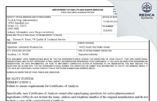 FDA 483 - SPECTRUM LABORATORY PRODUCTS INC. dba SPECTRUM CHEMICAL MFG. CORP. [Gardena California / United States of America] - Download PDF - Redica Systems