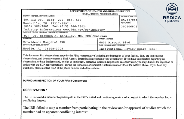 FDA 483 - Providence Hospital IRB [Mobile / United States of America] - Download PDF - Redica Systems