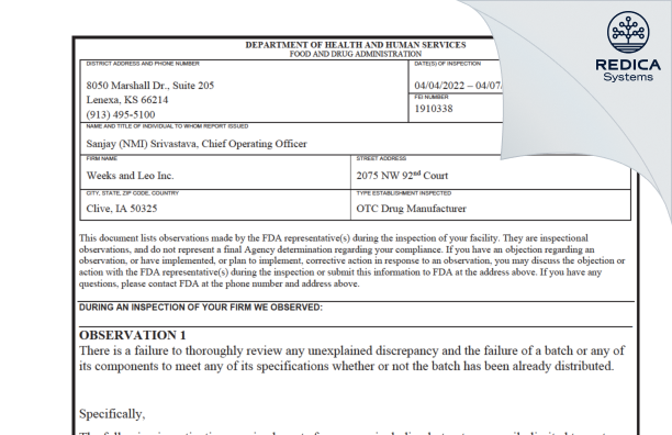 FDA 483 - Weeks & Leo Co., Inc. [Clive / United States of America] - Download PDF - Redica Systems