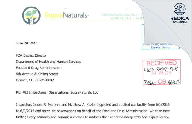 FDA 483 Response - SupraNaturals, LLC [Springville / United States of America] - Download PDF - Redica Systems