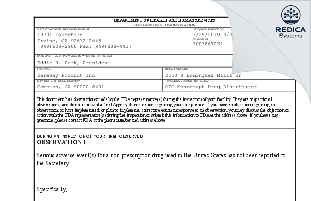 FDA 483 - Kareway Product Inc [Compton / United States of America] - Download PDF - Redica Systems