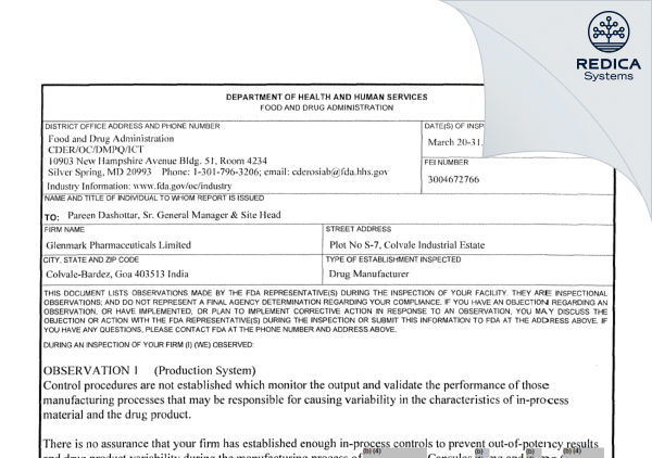 FDA 483 - Glenmark Pharmaceuticals Limited [India / India] - Download PDF - Redica Systems