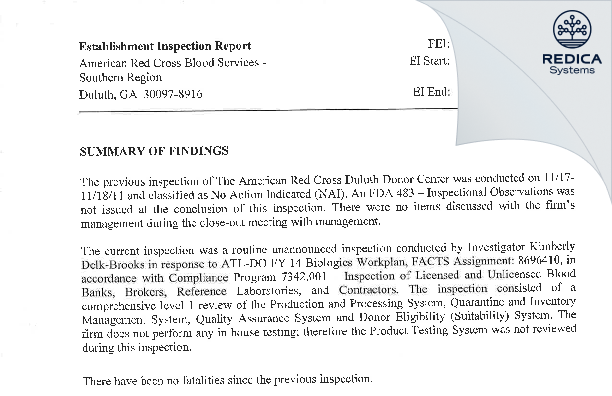 EIR - The American National Red Cross American Red Cross Blood Services Southern Region [Duluth / United States of America] - Download PDF - Redica Systems