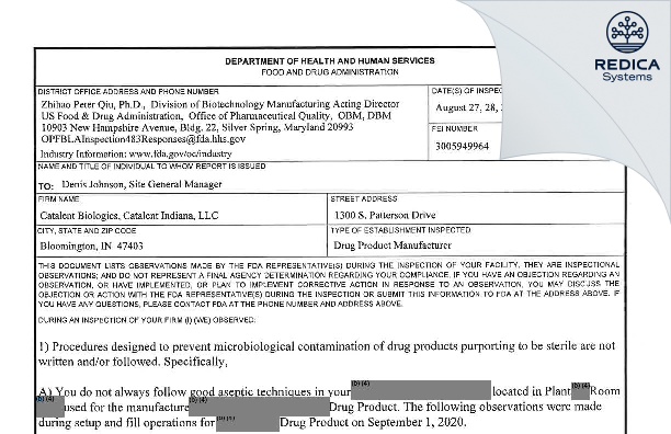 FDA 483 - Catalent Indiana, LLC [Bloomington / United States of America] - Download PDF - Redica Systems