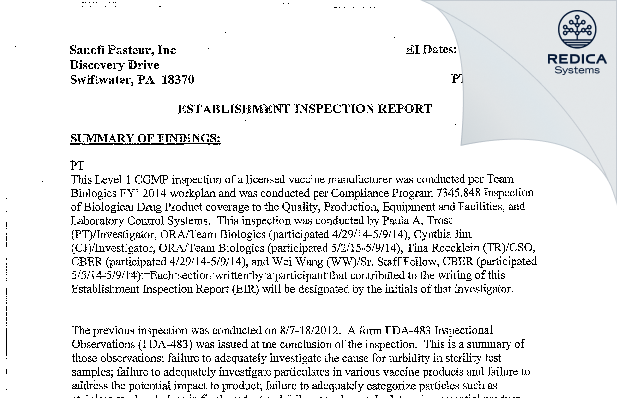 EIR - Sanofi Pasteur Inc. [Swiftwater Pennsylvania / United States of America] - Download PDF - Redica Systems