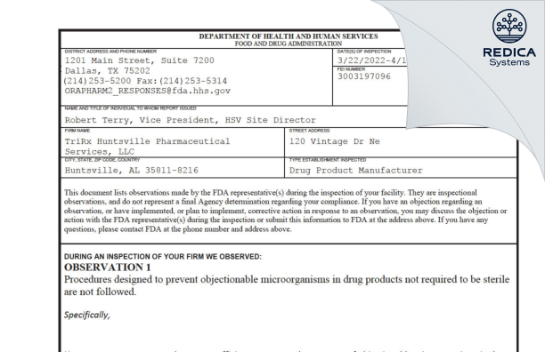 FDA 483 - TriRx Huntsville Pharmaceutical Services, LLC [Huntsville / United States of America] - Download PDF - Redica Systems
