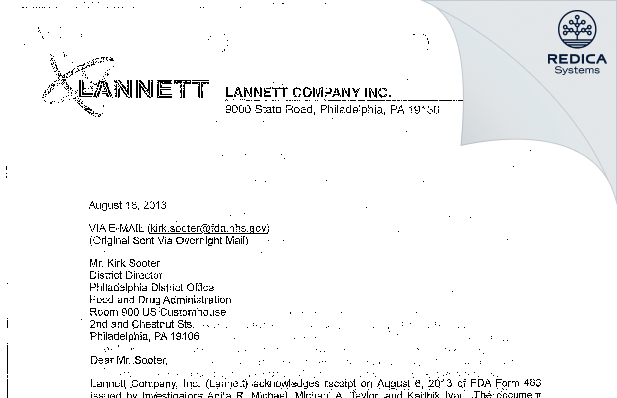 FDA 483 Response - Lannett Company, Inc. [Philadelphia / United States of America] - Download PDF - Redica Systems