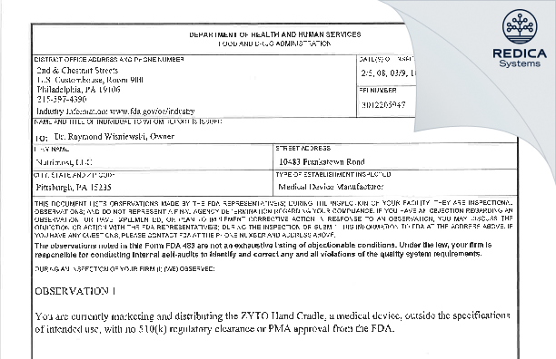 FDA 483 - Nutrimost LLC. [Pittsburgh / United States of America] - Download PDF - Redica Systems