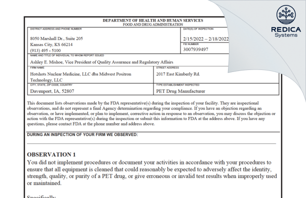 FDA 483 - Hot Shots NM, LLC [Davenport / United States of America] - Download PDF - Redica Systems