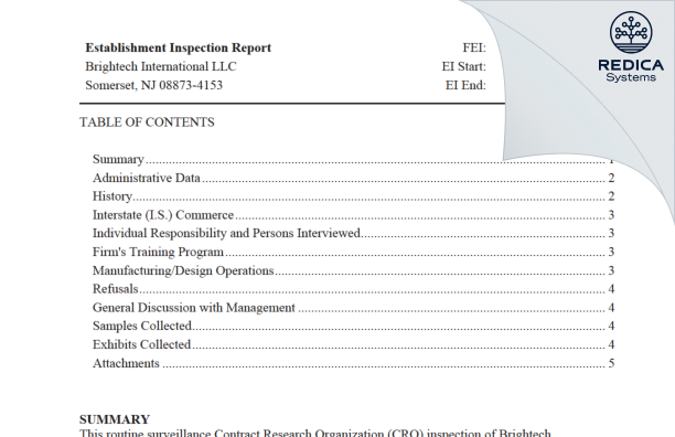 EIR - Brightech International LLC [Somerset / United States of America] - Download PDF - Redica Systems