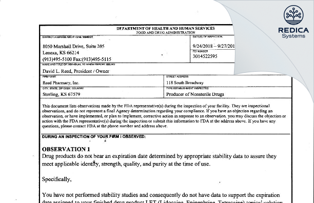 FDA 483 - Reed Pharmacy [Sterling / United States of America] - Download PDF - Redica Systems