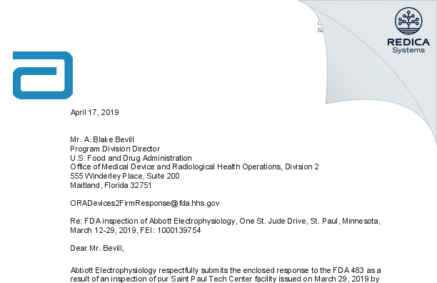 FDA 483 Response - Abbott Laboratories Inc. (St Jude Medical) [Saint Paul / United States of America] - Download PDF - Redica Systems