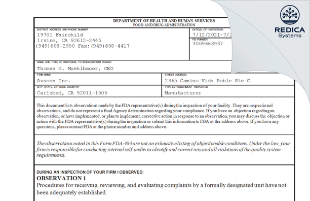 FDA 483 - Avacen Inc. [Carlsbad / United States of America] - Download PDF - Redica Systems
