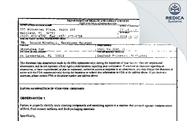 FDA 483 - Slade Gorton & Co., Inc. [Fort Lauderdale / United States of America] - Download PDF - Redica Systems