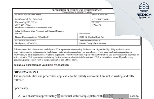 FDA 483 - Nesher Pharmaceuticals (USA) LLC [Bridgeton / United States of America] - Download PDF - Redica Systems