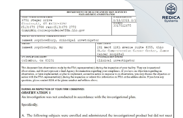FDA 483 - Sameek Roychowdhury, MD [Columbus / United States of America] - Download PDF - Redica Systems