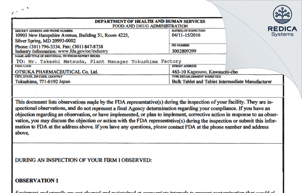 FDA 483 - Otsuka Pharmaceutical Co Ltd [Tokushima Tokushima / Japan] - Download PDF - Redica Systems