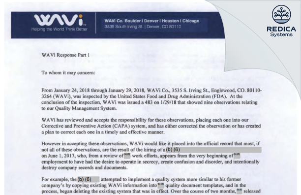 FDA 483 Response - WAVi Co. [Denver / United States of America] - Download PDF - Redica Systems