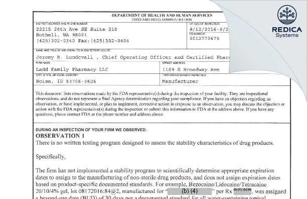 FDA 483 - Ladd Family Pharmacy LLC [Boise / United States of America] - Download PDF - Redica Systems