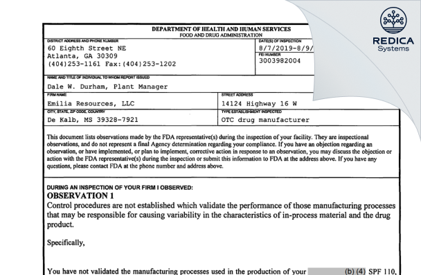FDA 483 - Emilia Resources, LLC [De Kalb / United States of America] - Download PDF - Redica Systems