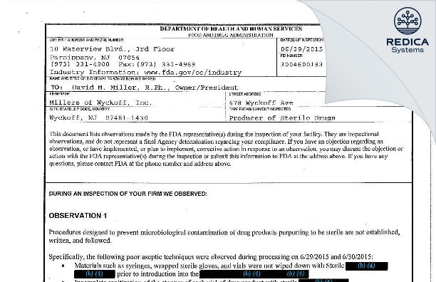 FDA 483 - Millers of Wyckoff, Inc. [Wyckoff / United States of America] - Download PDF - Redica Systems