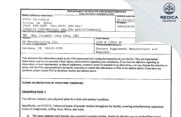 FDA 483 - GM Manufacturing Inc. [Gardena / United States of America] - Download PDF - Redica Systems