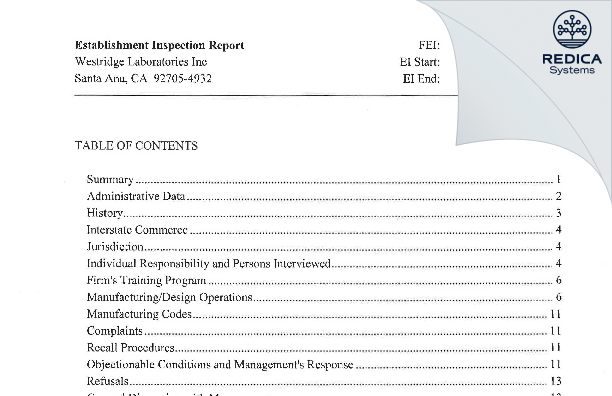 EIR - Westridge Laboratories Inc [Santa Ana / United States of America] - Download PDF - Redica Systems