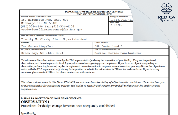 FDA 483 - Fox Converting,Inc [Green Bay / United States of America] - Download PDF - Redica Systems