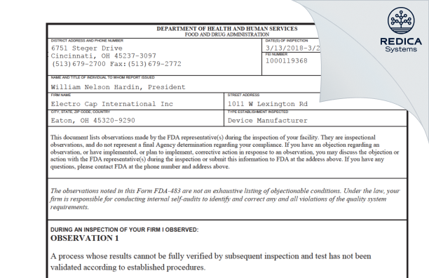FDA 483 - Electro Cap International Inc [Eaton / United States of America] - Download PDF - Redica Systems