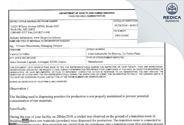 FDA 483 - FAREVA LA VALLEE [France / France] - Download PDF - Redica Systems