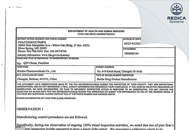 FDA 483 - Kindos Pharmaceuticals Co., Ltd. [China / China] - Download PDF - Redica Systems