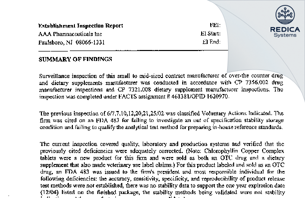 EIR - AAA Pharmaceutical, Inc. [Jersey / United States of America] - Download PDF - Redica Systems