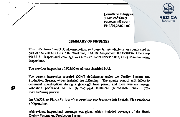 EIR - DERMARITE INDUSTRIES, LLC [Jersey / United States of America] - Download PDF - Redica Systems