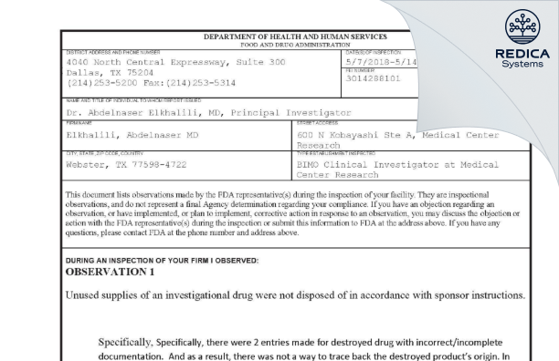 FDA 483 - Elkhalili, Abdelnaser MD [Webster / United States of America] - Download PDF - Redica Systems