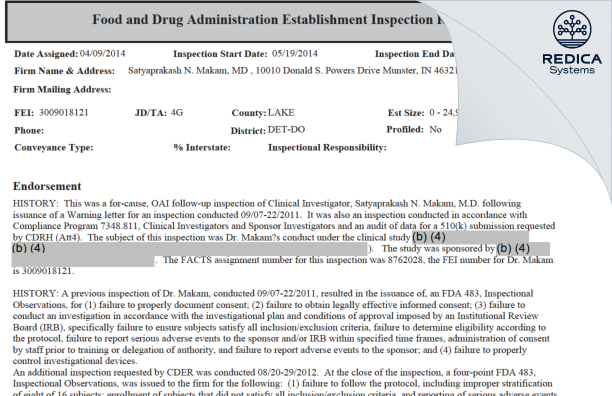 EIR - Satyaprakash N. Makam, MD [Munster / United States of America] - Download PDF - Redica Systems