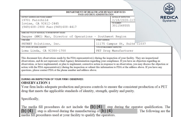 FDA 483 - PETNET SOLUTIONS, INC. [Loma Linda / United States of America] - Download PDF - Redica Systems