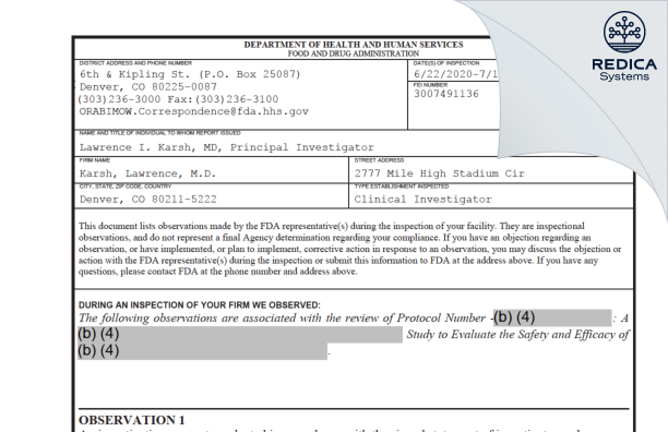 FDA 483 - Karsh, Lawrence, M.D. [Denver / United States of America] - Download PDF - Redica Systems